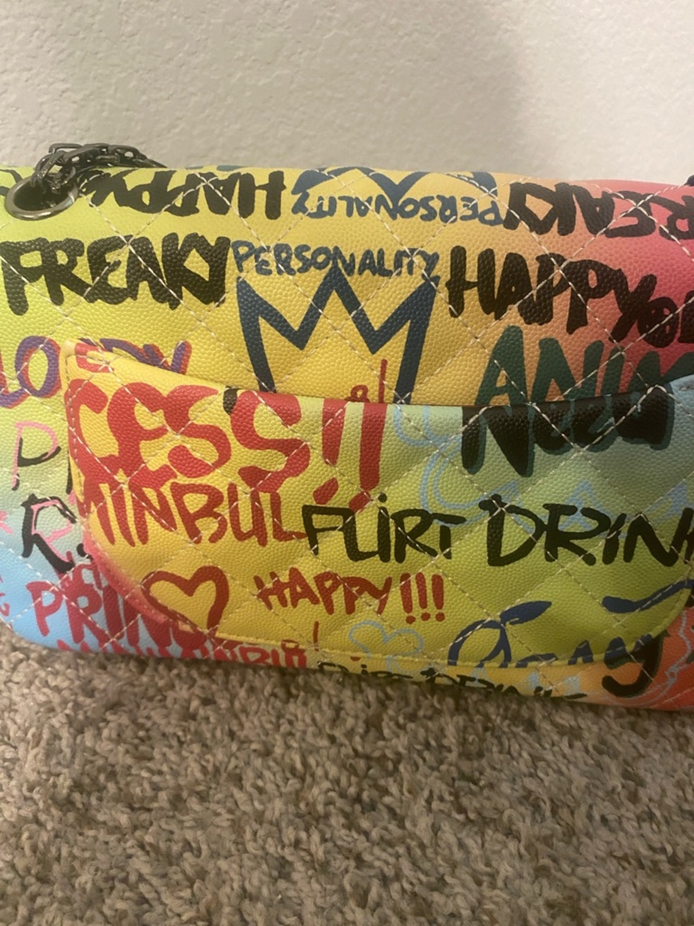 Colorful Graffiti Quilted Print Shoulder Bag - Yellow Accent - Picture 6 of 13
